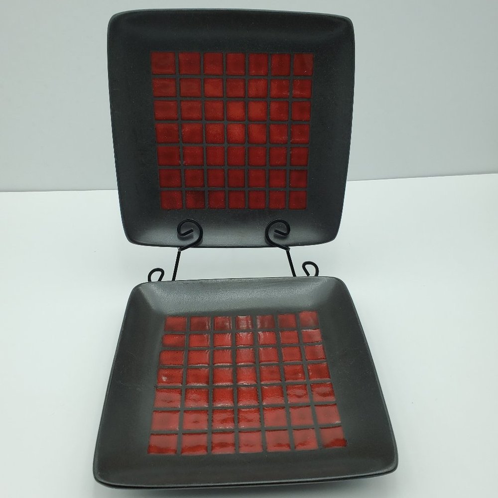 Home Tamarask Square Salad Plates Dark Red Squares on Black Dessert Plates